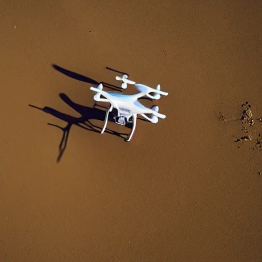 Image similar to photograph of a low polygon drone flying above sand,