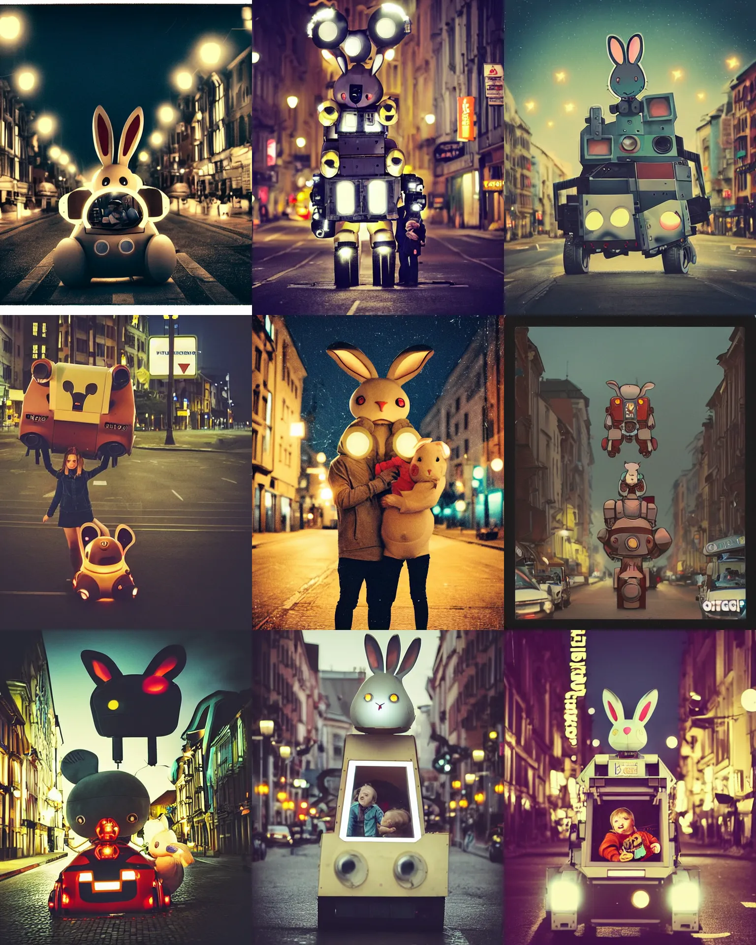 Prompt: legnica!! epic pose!!! googly eyed giant oversized battle rabbit robot chubby mech baby sport vehicle double decker with giant oversized ears and cute rabbit babies , in legnica nighttime , full body , Cinematic focus, Polaroid photo, vintage , soft lights, neutral dull colors, city lights bokeh , backlight mood , by oleg oprisco , by national archives, by discovery channel, by victor enrich , by gregory crewdson