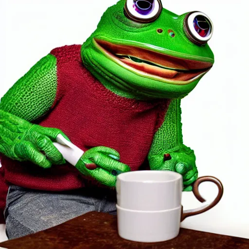 Image similar to A Smug Pepe the Frog wearing a sweater and drinking out of a shiny coffee mug, detailed, very detailed, heavily detailed, HD Quality, 4k Resolution, 8k Resolution, Epic, Awesome, Detailed Face, Very Detailed Face