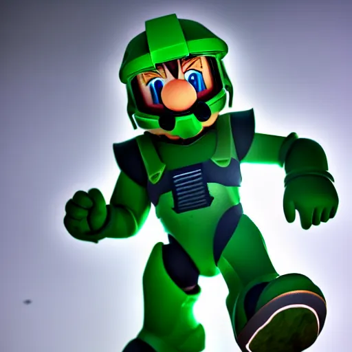 Image similar to Super Mario as Master Chief, highly detailed, extremely high quality, HD, 4k, 8k, Canon 300mm, professional photographer, 40mp, lifelike, top-rated, award winning, realistic, detailed lighting, detailed shadows, sharp, no blur, edited, corrected, trending