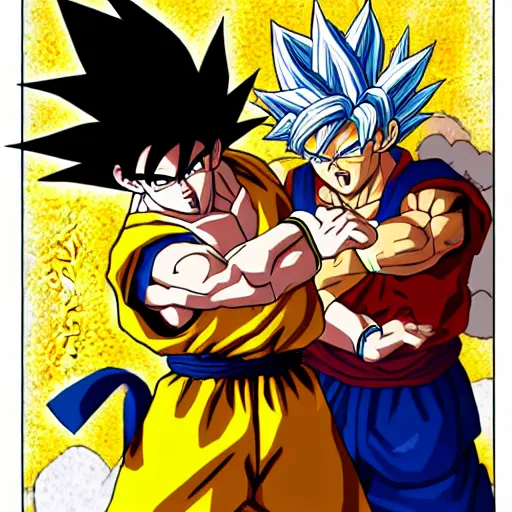 Image similar to super sayan goku fighting anime drawing of jesus with a beard and a white robe, goku fighting jesus