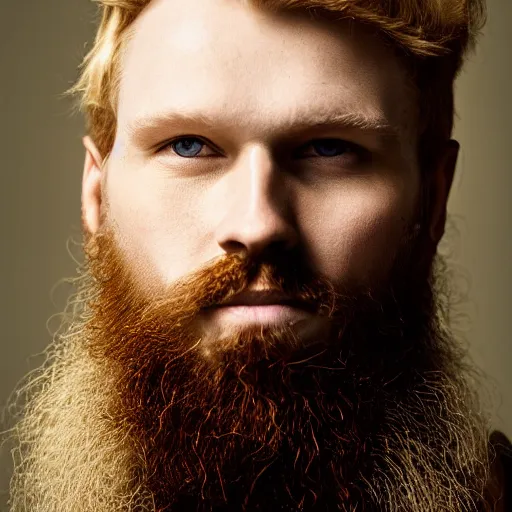 Prompt: color portrait of a handsome bearded albino male model by emmanuel lubezki