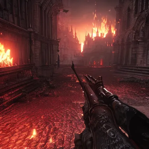 Prompt: looking down rifle in bloodborne first person shooter, close focus, dark, fire in background