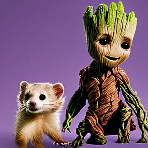 Prompt: baby groot playing with two pet ferrets