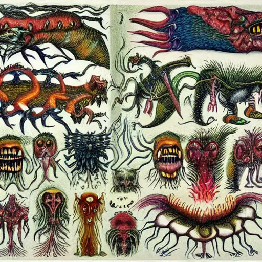 Image similar to futuristic bestiary of repressed emotion monsters and creatures starting a fiery revolution in the psyche, in the style of COdex Seraphinianus