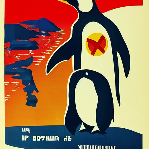 Image similar to a Soviet propaganda poster for Linux featuring a penguin