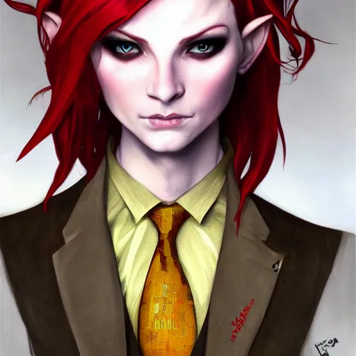 Image similar to dnd character portrait of a beautiful and androgynous half - elf with messy short red hair and catlike features and almond skin tone and yellow eyes with slit pupils, golden hour, wearing a colorful men's suit, realistic painting by ross tran and tasha beckwith and gerald brom and alphonse mucha, trending on artstation