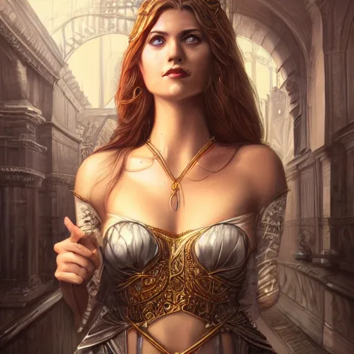 Image similar to a portrait of a young susan saradon as a sorceress, upper half portrait, urban motifs, intricate, elegant, highly detailed, digital painting, trending on artstation, concept art, smooth sharp focus, illustration, art by artgerm and greg rutkowski