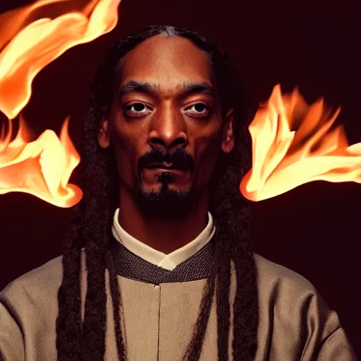 Image similar to cinematic film still of Snoop Dogg starring as a Samurai holding fire, Japanese CGI, VFX, 2022, 40mm lens, shallow depth of field, film photography