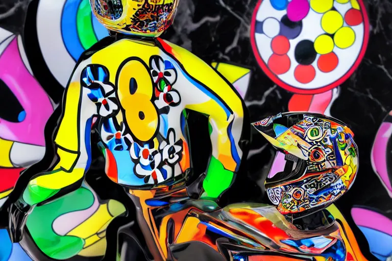 Prompt: photo of a glossy black marble statue of a girl with colorful motocross logos and motorcycle helmet with reflective mirrored visor, colorful smoke in the background, carved marble statue, fine art, in the style of takashi murakami,