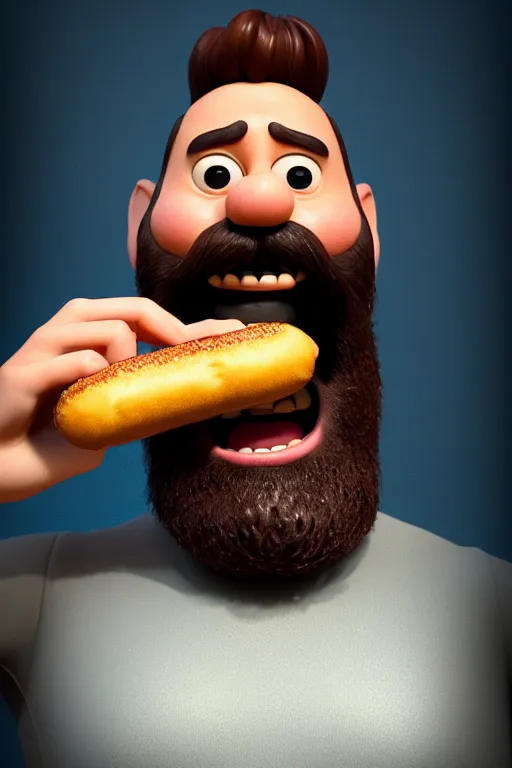 Image similar to pixar bearded man holding a hot dog, laughing, brown eyes, happy | glamorous oily soft polished rich ornate modern | weta disney pixar movie still photo | hi - fructose, sci fi fantasy, smooth, octane render, sharp focus, artstation, concept art | artgerm, mucha, rutkowski, feng zhu, wlop, loish