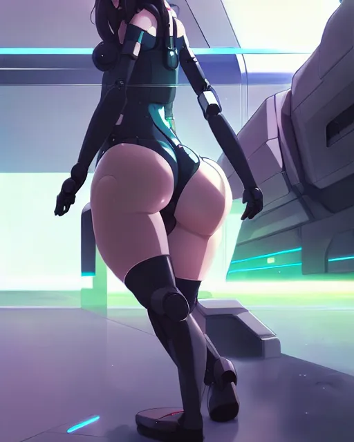 Image similar to a large cute thicc futurstic robotic girl, large thighs, sleek design, cyberpunk, by makoto shinkai an krenz cushart