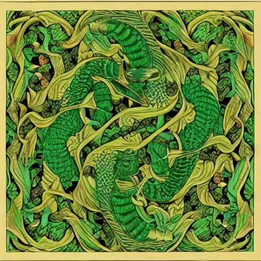 Image similar to green dragon surrounded by tessellation of rosebuds, by mc escher, fractal