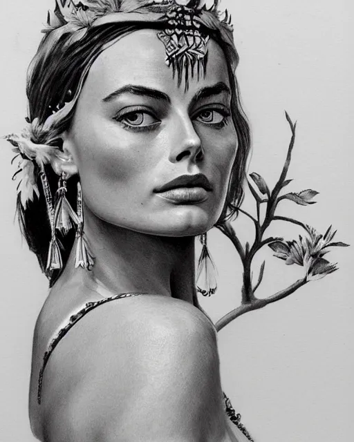 Image similar to realism tattoo sketch of margot robbie as a beautiful greek goddess aphrodite with piercing eyes wearing a laurel wreath and triangle earrings, in the style of greg rutkowski, amazing detail