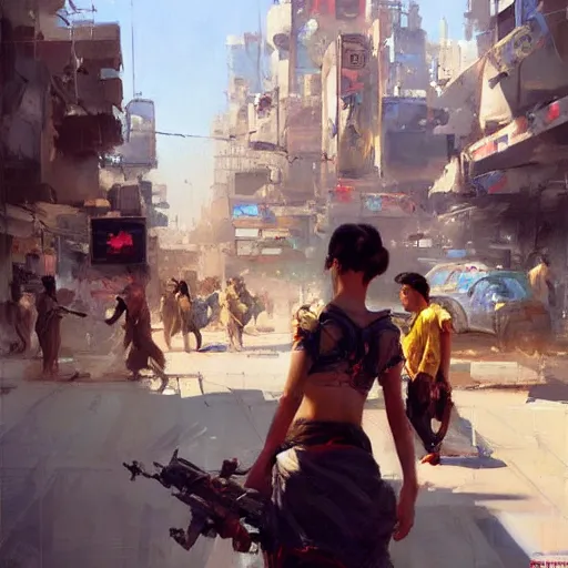 Image similar to greg manchess painting of baghdad in the year 2 0 7 7, painting, cyberpunk style, trending on artstation, by huang guangjian and gil elvgren and sachin teng