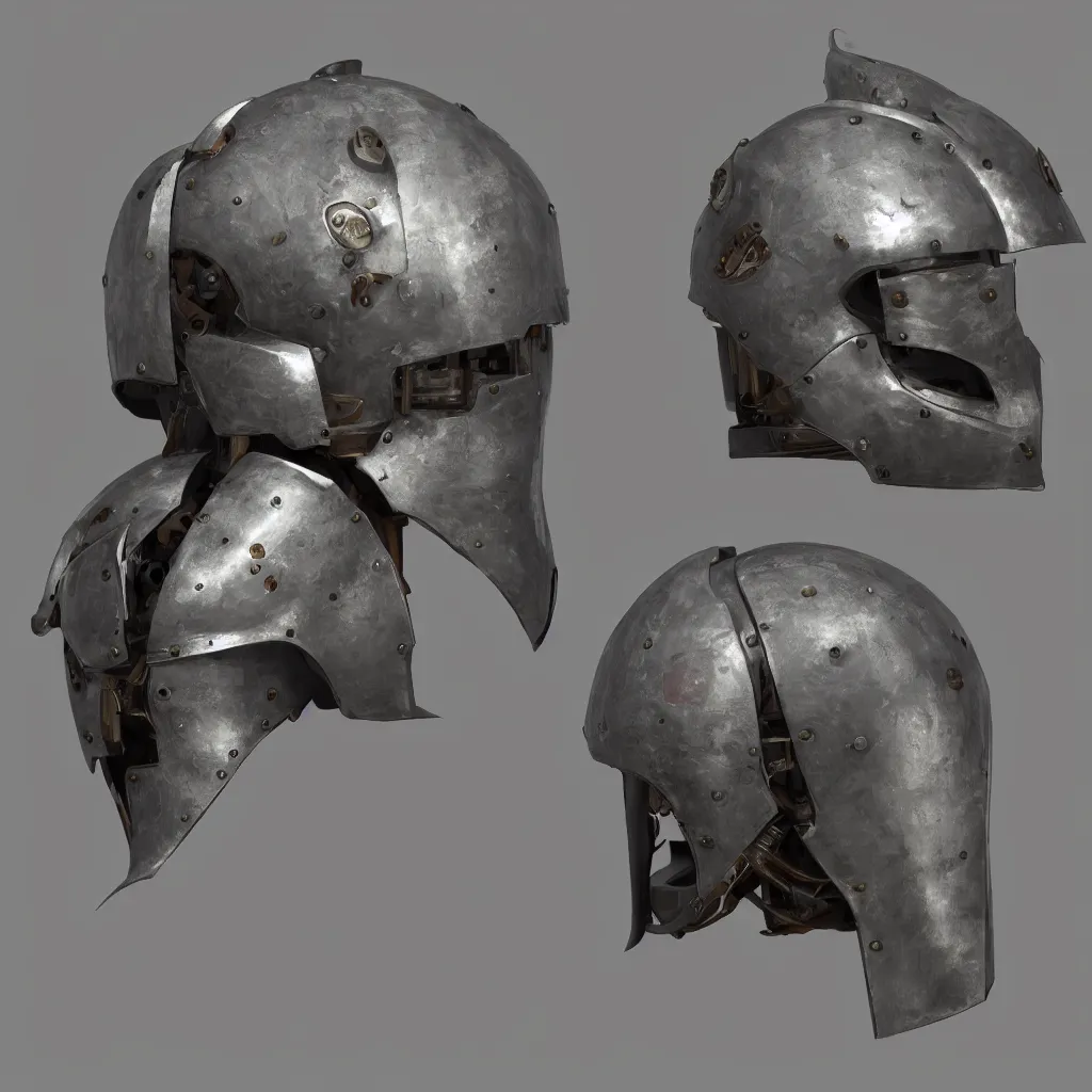 Image similar to medieval mecha helmet, unreal engine, 8 k, ultra realistic, ultra detail