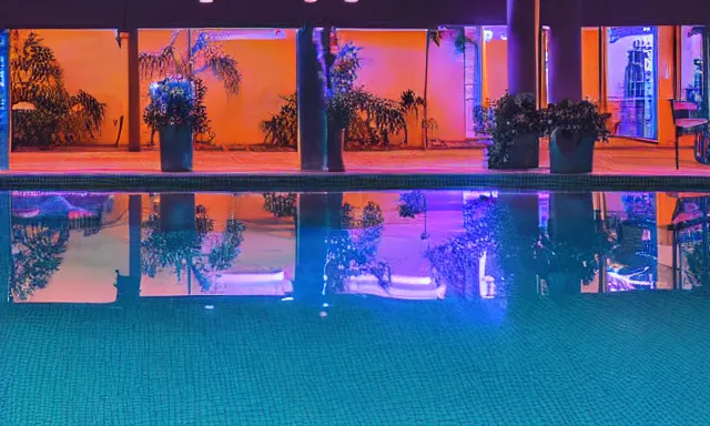 Image similar to indoor pool with ferns and palm trees at night, shops, pool tubes, chromatic abberation, dramatic lighting, depth of field, 80s photo