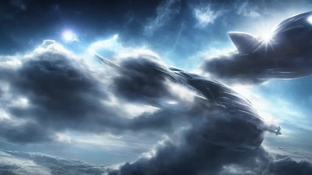 Image similar to space ship bursting through the clouds, dramatic cinematic action shot, matte painting, concept art, realistic, fluffy clouds, sci fi, space craft, 8k