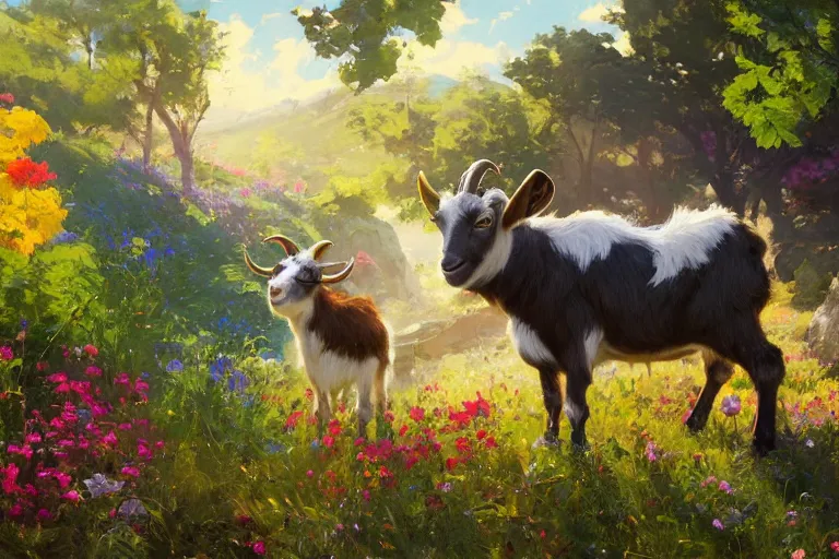 Image similar to cute goat with huge googley eyes eyes looks intensely into the camera, marijuana trees, multicolored weed leaves, dynamic lighting, landscape, artwork by jeremy lipkin and giuseppe dangelico pino and michael garmash and rob rey and greg manchess and huang guangjian and makoto shinkai, pixiv, 1 0 0 mm