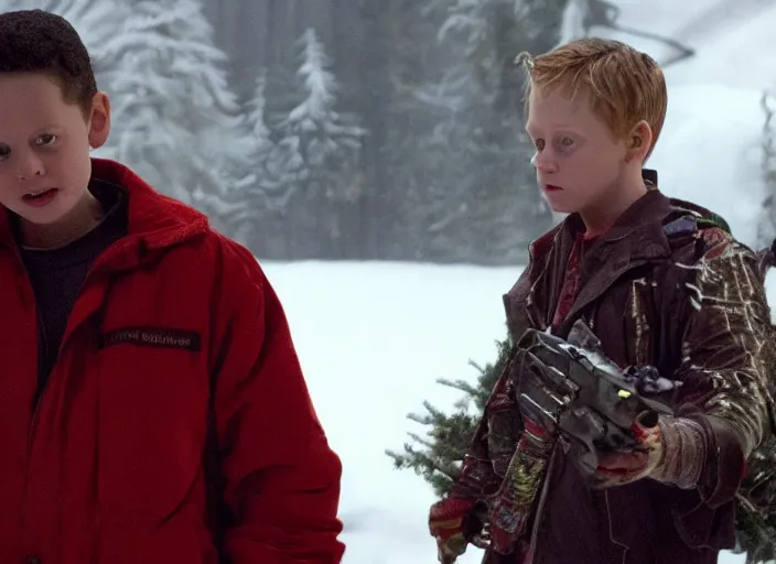 Image similar to the movie the predator starring macaulay culkin kevin mcallister home alone living room christmas vfx film