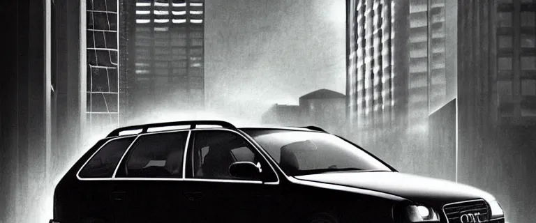 Prompt: Audi A4 B6 Avant (2002), a modern noir, dramatic lighting, cinematic, establishing shot, extremely high detail, photorealistic, cinematic lighting, artstation, style by greg rutkowsky, Max Payne (PC) (2001)