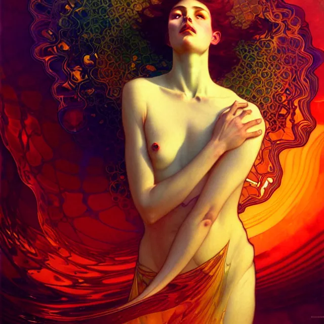 Image similar to transcendent mind bending indigo waves of glossy psychedelic liquid honey flowing like kaleidoscopic translucent amber, lsd waves, honey ripples, enlightenment, dramatic professional lighting, refracted sunset lighting, art by collier, albert aublet, krenz cushart, artem demura, alphonse mucha