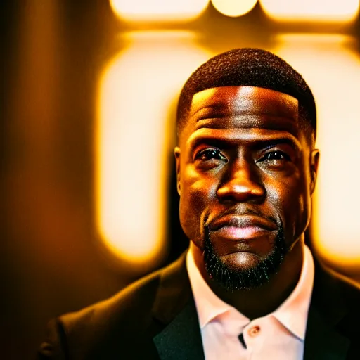 Prompt: a still of Kevin Hart. Shallow depth of field. City at night in background, lights, colors ,studio lighting, mood, 4K. Profession photography