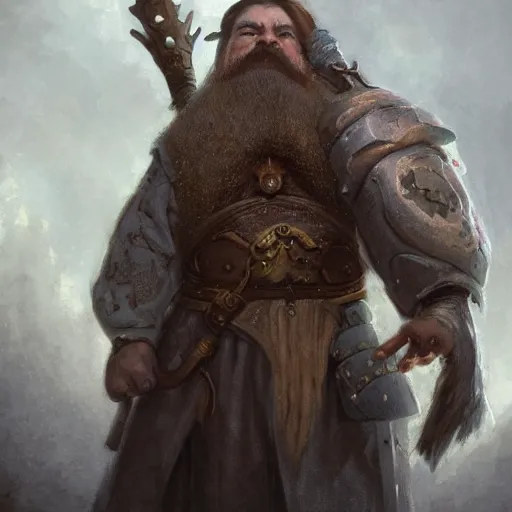 Image similar to a beautiful ultradetailed portrait of a dwarf king with a great beard! large double sided axe in his hand, with a round shield in his other hand, by greg rutkowski, karol bak and peter mohrbacher, volumetric lighting, magical realism, dark, dwarf king