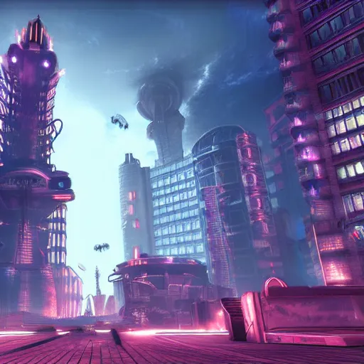 Prompt: beautiful scary futuristic city in the style of a bioshock infinite screenshot