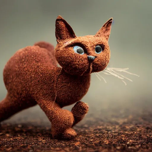 A photograph of a rusty antique cat puppet walking in Stable