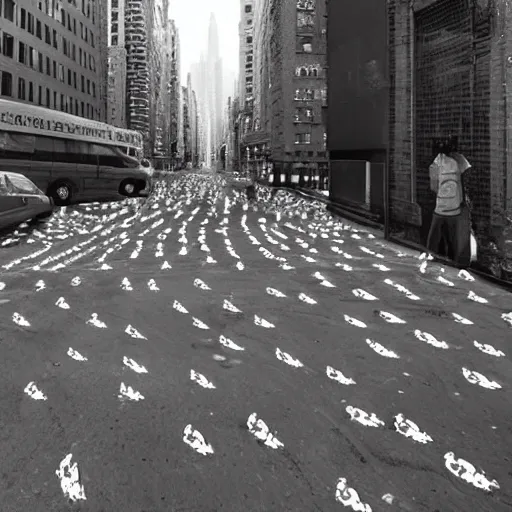 Prompt: NewYork street is raided by a million rabbit, Ultrarealism, real , fake, black and white