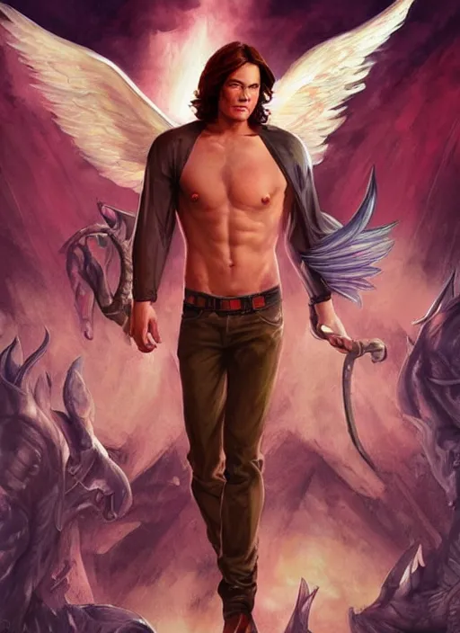 Prompt: handsome Sam Winchester as a muscular angel handcuffed, urban fantasy romance book cover, D&D!, fantasy style, sharp focus!, ultra detailed, art by Artgerm and Peter Andrew Jones, WLUP