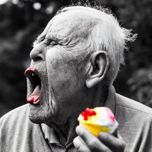 Image similar to portrait of an elderly man screaming at an icecream, canon eos r 3, f / 1. 4, iso 2 0 0, 1 / 1 6 0 s, 8 k, raw, unedited, symmetrical balance, wide angle