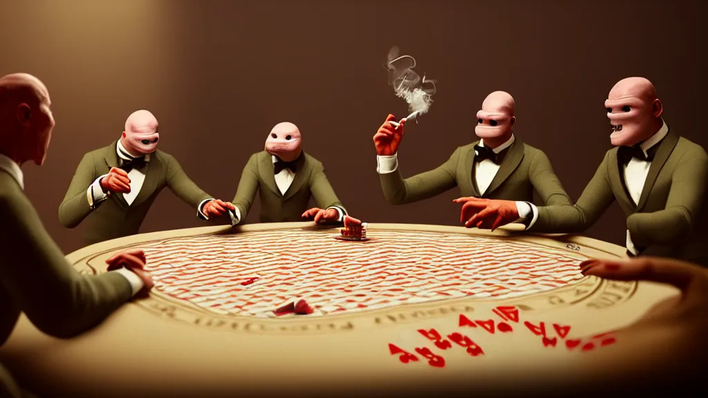 Image similar to hyperrealism simulation highly detailed human turtles'wearing detailed tuxedos and smoking, playing poker in surreal scene from renaissance movie from future by wes anderson and denis villeneuve and mike winkelmann rendered in blender and octane render