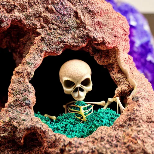 Image similar to photorealistic tiny dinosaur skeleton inside a geode of colored crystals