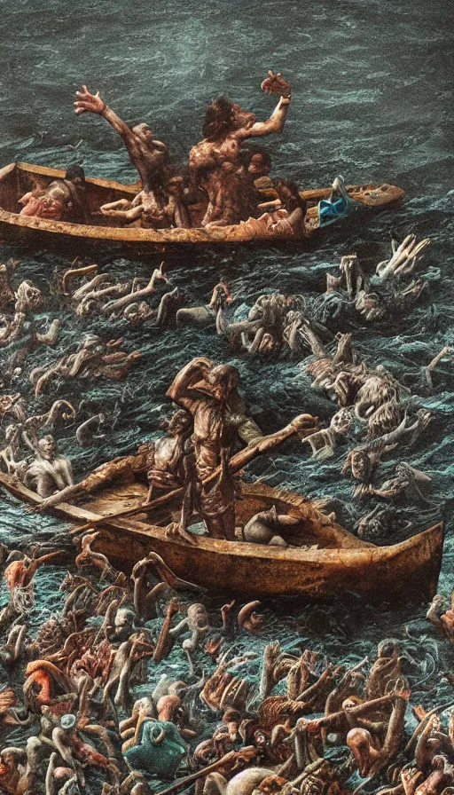 Image similar to man on boat crossing a body of water in hell with creatures in the water, sea of souls, by dan witz