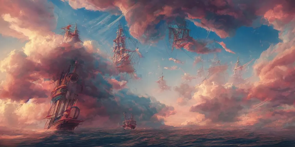 Prompt: a ship sailing high in the clouds, fantasy, trending on artstation, digital art, hyper detailed, hyper colorful