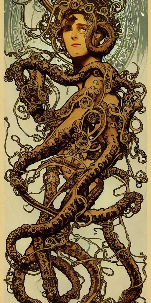 Image similar to eldritch astronaut with tentacle arms, by alphonse mucha, dynamic composition, dramatic lighting, hyper - realistic, ultra detailed, 8 k