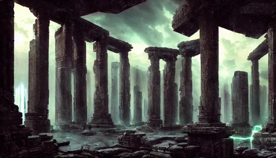 Prompt: Inside ancient alien temple, crumbling stone columns, refracted sparkles, thunderstorm, dark still pool, major arcana sky and sci-fi alien symbology, by paul delaroche, hyperrealistic 4k uhd, award-winning, very detailed cyberpunk