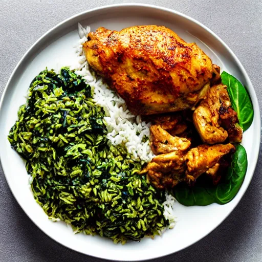 Image similar to spinach with rice and chicken, Michelin star, award winning