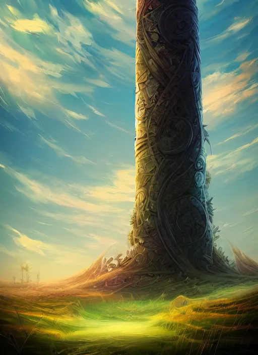 Prompt: a cylindrical multitiered tower rising from a rolling grassland, fantasy digital painting, stunning intricate details, artwork by ross tran, cyril rolando