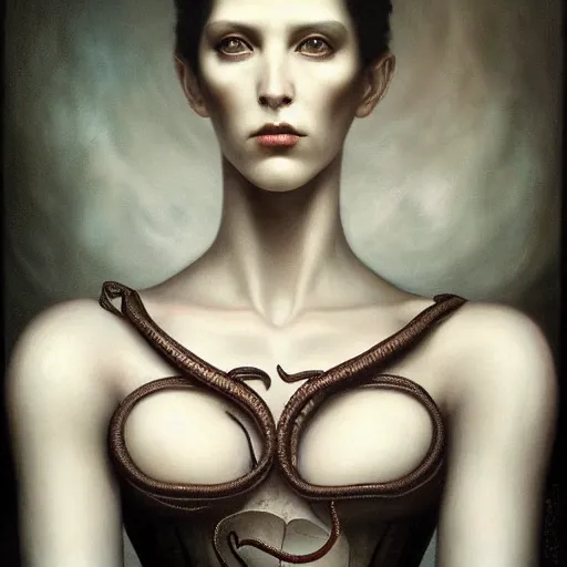 Image similar to by Tom Bagshaw, ultra realist soft painting of lovecraft and giger world of curiosities, single hybrid female monster in a corset, tentacles, partial symmetry accurate features, very intricate details, focus, curvy, award winning, ultra dense fog