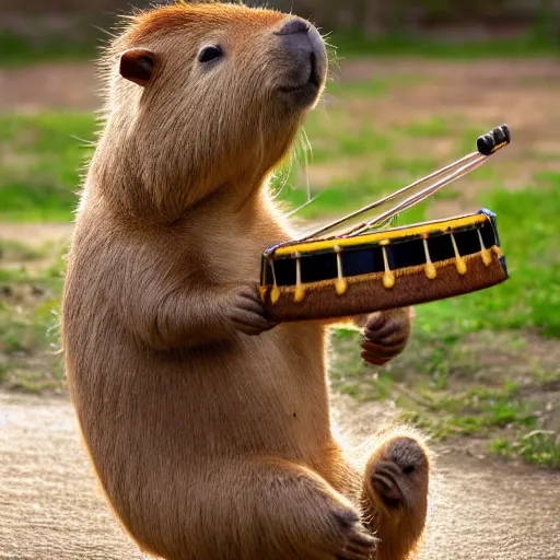 Image similar to high resolution photo of a capybara playing a jazz drum set