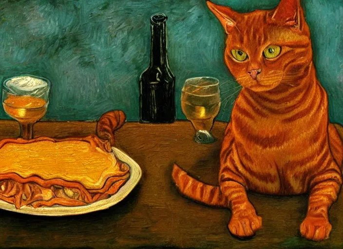 Image similar to detailed realistic realism painting of orange tabby cat eating lasagna at dusk, in the style of vincent van gogh and salvador dali and leonardo da vinci