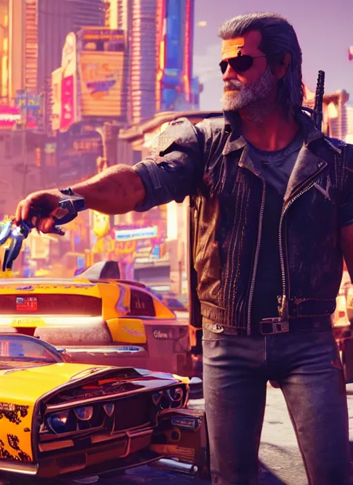 Image similar to film still of Mel Gibson as Johnny Silverhand in Cyberpunk 2077, gameplay, 8k, HD