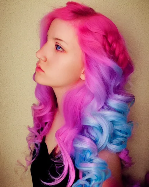 Image similar to a dramatic lighting photo of a beautiful young woman with cotton candy hair. with a little bit of cyan and pink