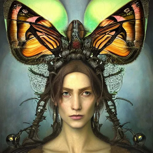 Prompt: a baroque neoclassicist closeup renaissance portrait of a majestic forest queen with glowing eyes, moth wings with geometric patterns, reflective detailed textures, dark fantasy science fiction painting by diego rivera and donato giancola and jean delville and tom bagshaw, goth, iridescent beetles, dramatic lighting, gleaming silver and rich colors, artstation, octane render