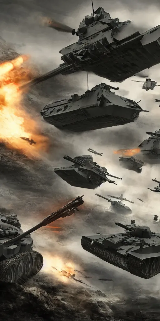 Prompt: concept art, world war iii, battlefield scenes, unmanned aerial vehicles, unmanned armored vehicles, unmanned tanks, soldiers'remote command operations, launch kinetic energy weapons, launch tracking missiles, armor piercing missiles, drag light missiles, backlight, future technology, smooth lines, high detail, 8 k, octane rendering, unreal engine.