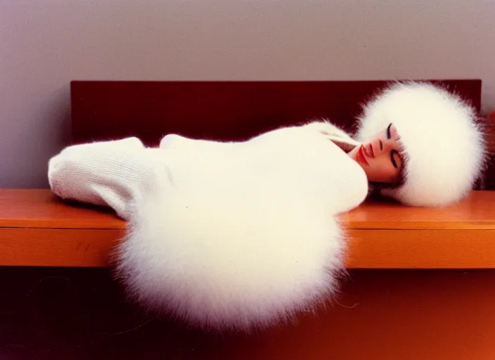 Image similar to realistic museum photo of a white fluffy sweater object, straight laying on a wooden desk 1 9 9 0, life magazine reportage photo, natural colors