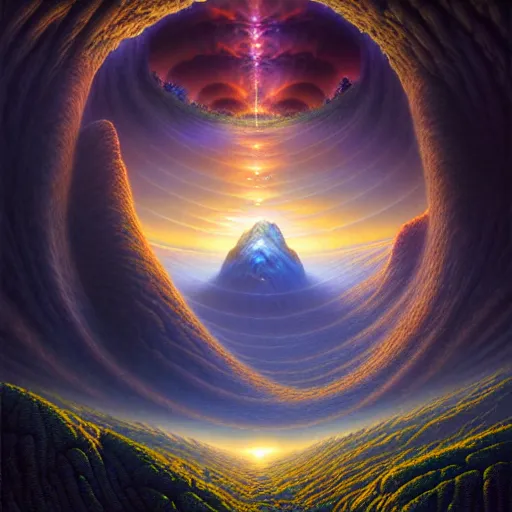 Image similar to of an impossible landscape with a infinite multi dimension portal, spaceship bending spacetime with a beautiful ultra detailed matte painting a lush mountain range at dusk by tomasz alen kopera and Justin Gerard and Dan Mumford, tarot card, dazzling energy, ultra wide angle shot, high angle shot, intricate, fractal magic, rays of god, hyperdetailed, micro details, volumetric lighting, 8k, ray tracing, polarized lens